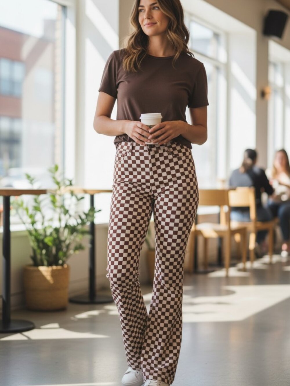 $55 NWOT Hollister Brown Checkered Flare Leggings S Y2K 70s